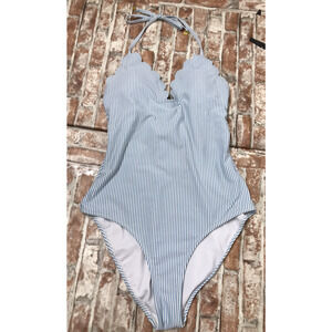 Jessica Simpson Swimsuit SZ MED Tie Back Striped Blue White Ruffle One PC Tummy
